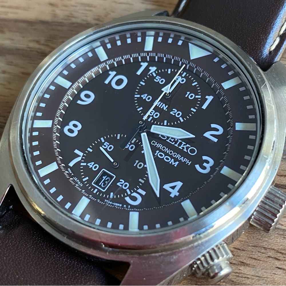 Seiko Men's SNN241 stainless steel watch with custom brown leather bracelet